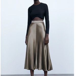 New Zara Mink Satin-like Flare Long MIDI  Skirt XL